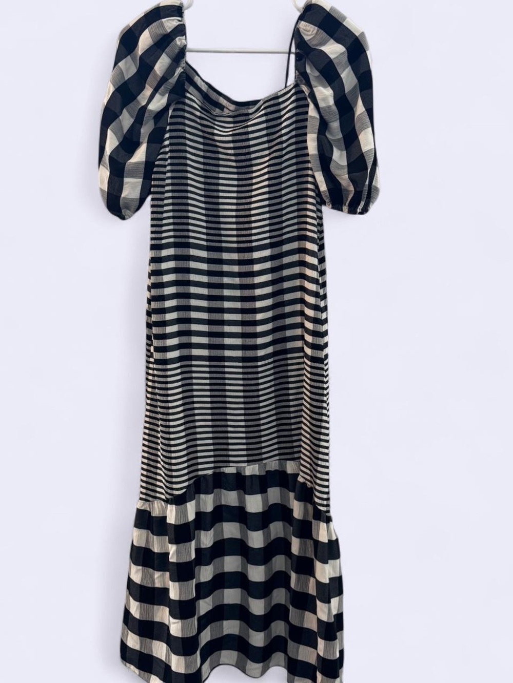 Topshop Black and White Checked Puff-Sleeve Midi Dress